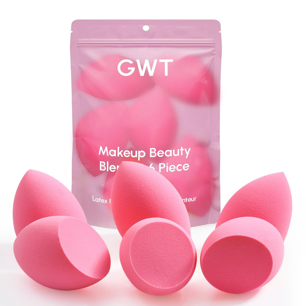 GWT esponjas de maquillaje, juego de 6, enfocadas en el frente para cobertura uniforme.