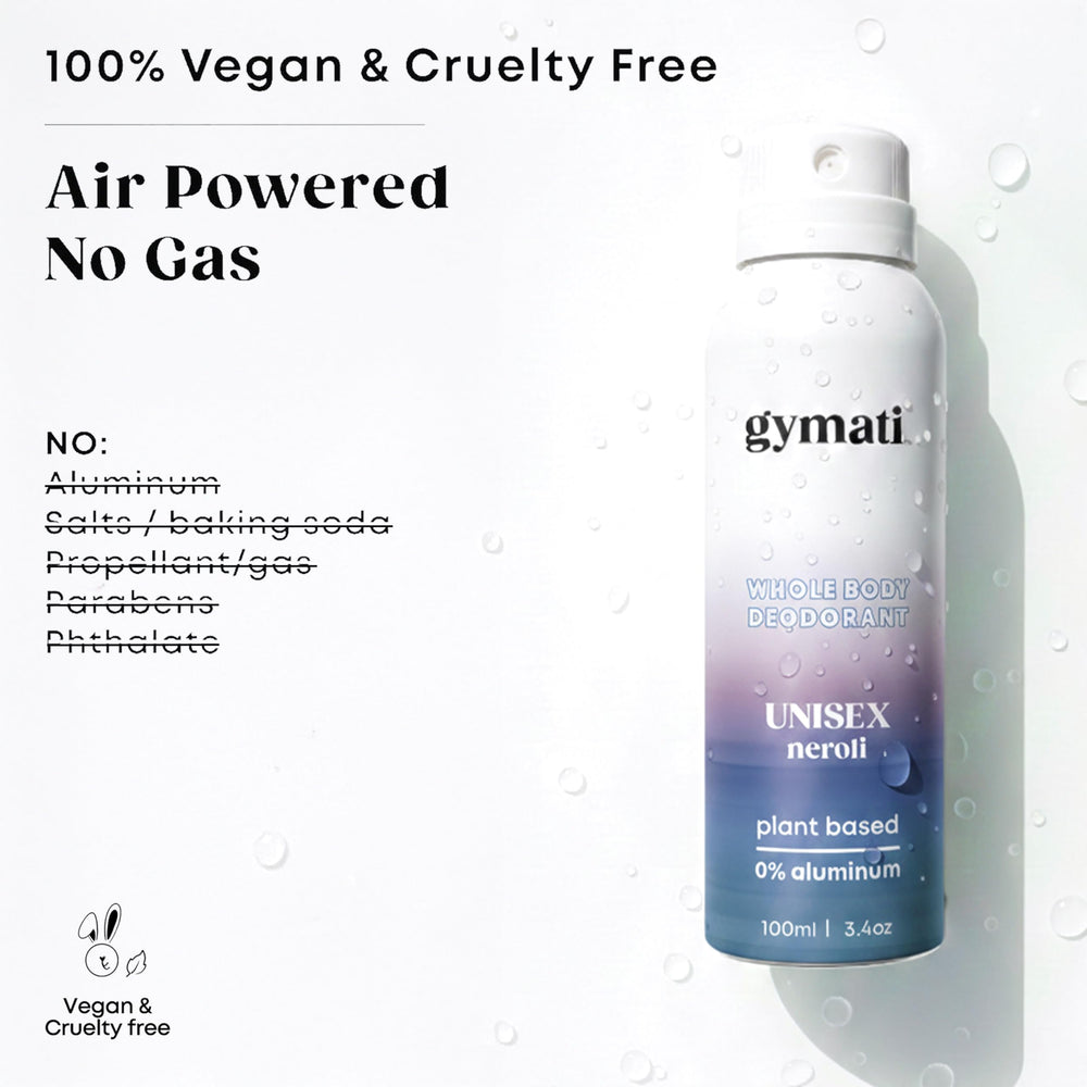 Gymati label highlights aluminum-free formula for clean wear.