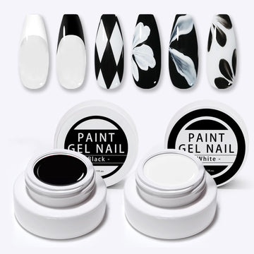 Gyraolvant gel blanco y negro para uñas, ideal para diseños precisos y acabado brillante.