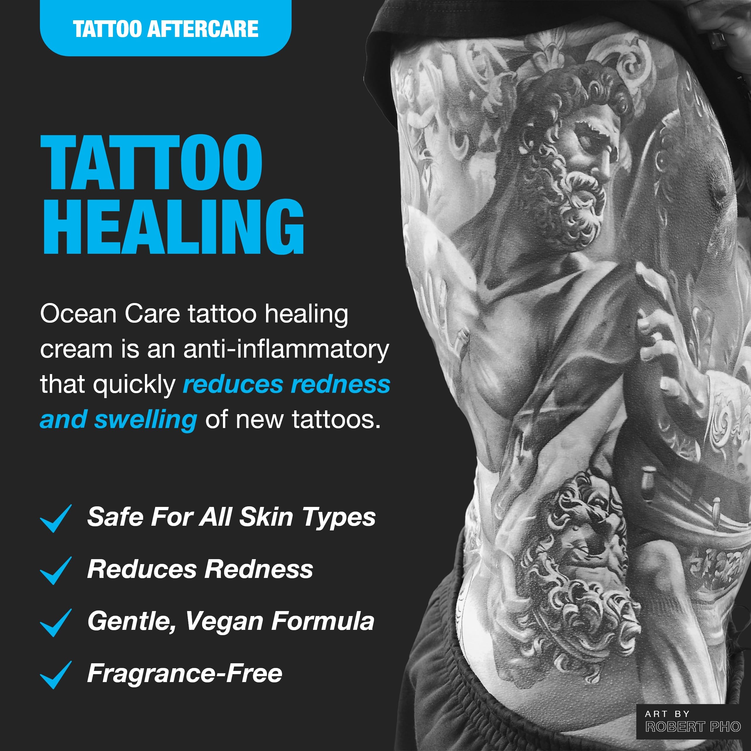 Aplicación diaria de crema para tatuajes con H2Ocean, piel suave