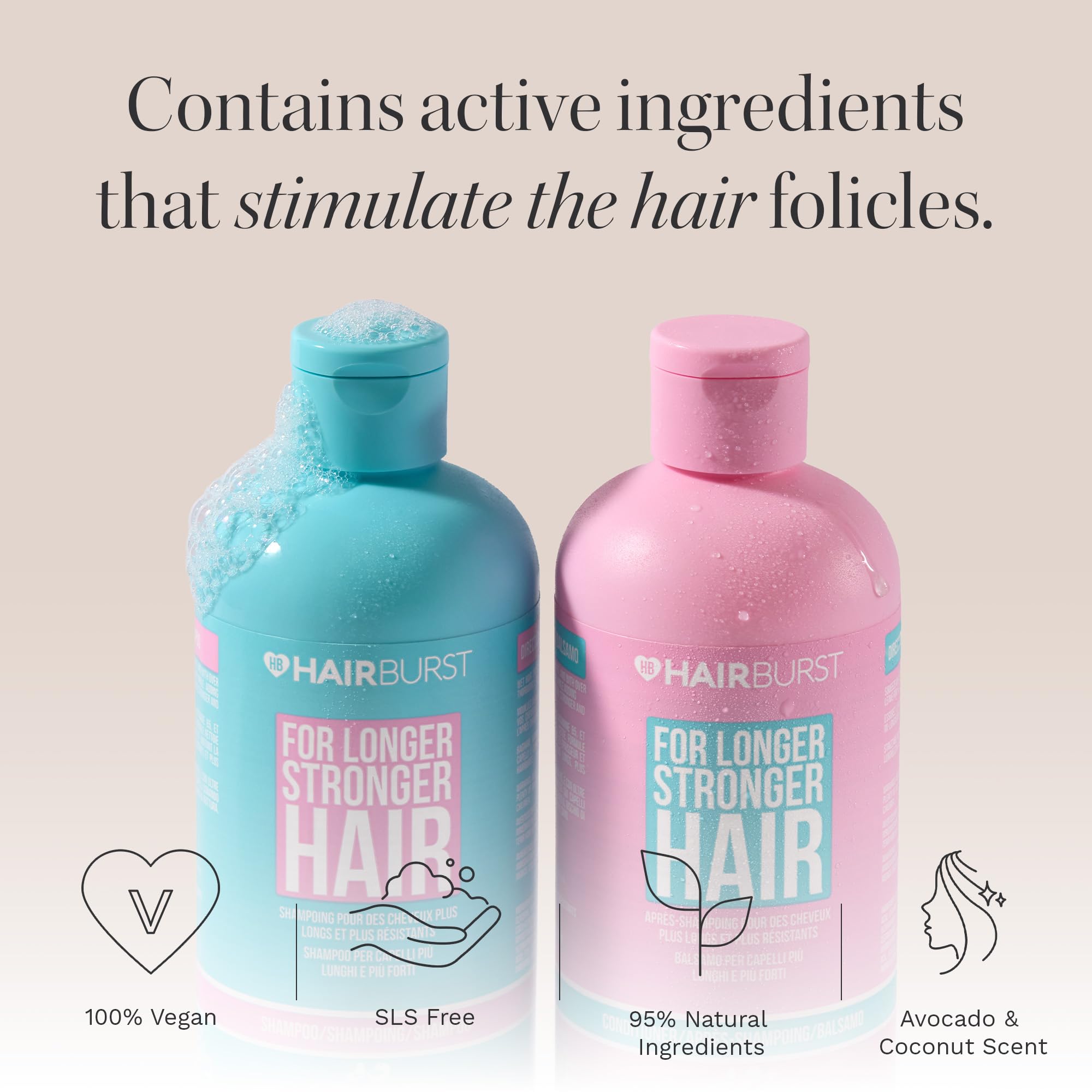 HAIR BURST Acondicionador frente a la botella, desenreda y deja brillo suave.