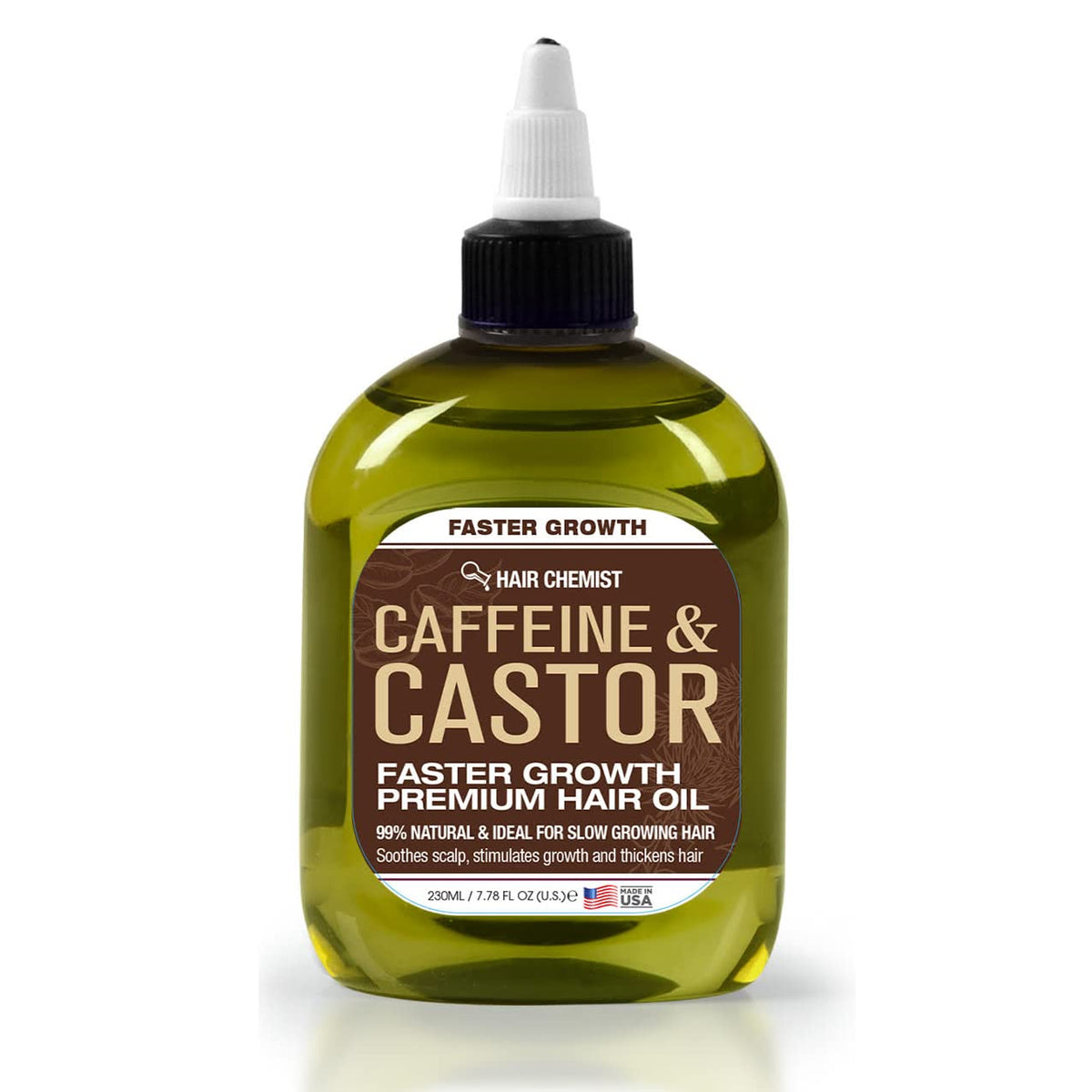 Hair Chemist botella de cafeína y ricino para hidratación profunda del cabello.