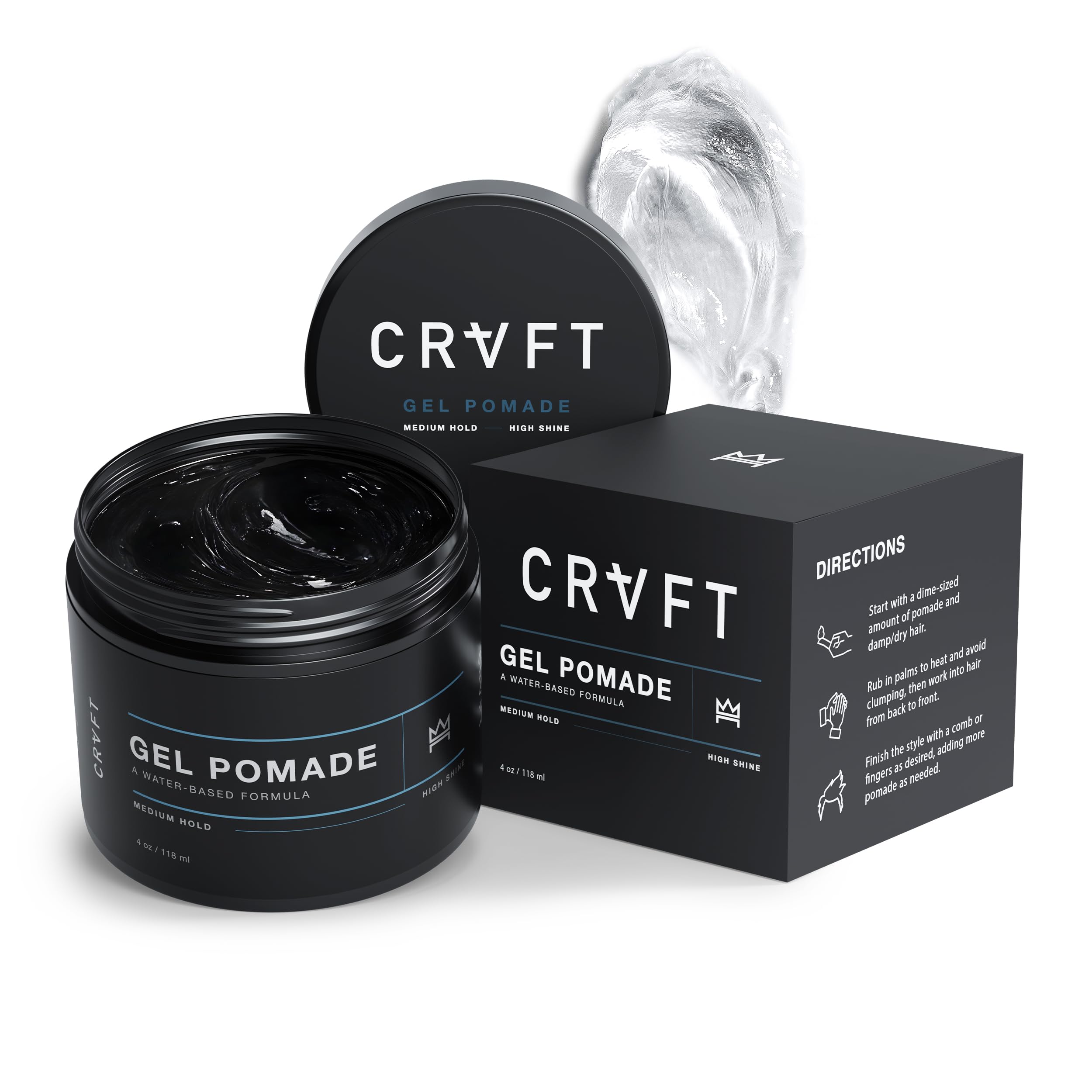 CRVFT Gel Pomade Hair Craft Co.: frente de la botella con brillo limpio todo el día.