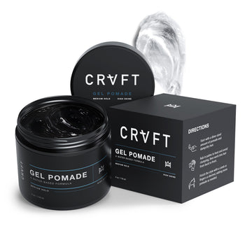 CRVFT Gel Pomade Hair Craft Co.: frente de la botella con brillo limpio todo el día.