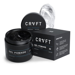 CRVFT Gel Pomade Hair Craft Co.: frente de la botella con brillo limpio todo el día.