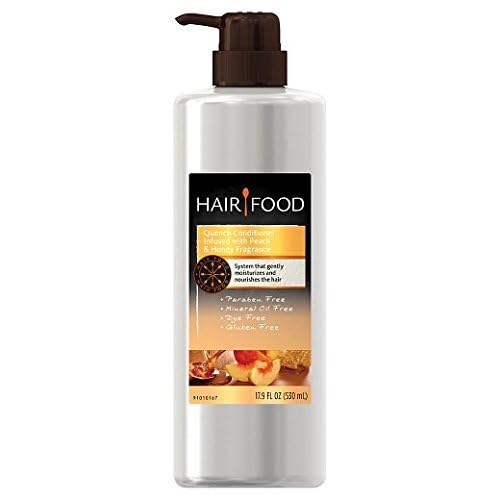 Hair Food aplicación en el cabello con durazno y miel para suavidad y brillo.