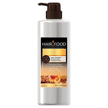 Hair Food aplicación en el cabello con durazno y miel para suavidad y brillo.