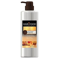 Hair Food aplicación en el cabello con durazno y miel para suavidad y brillo.