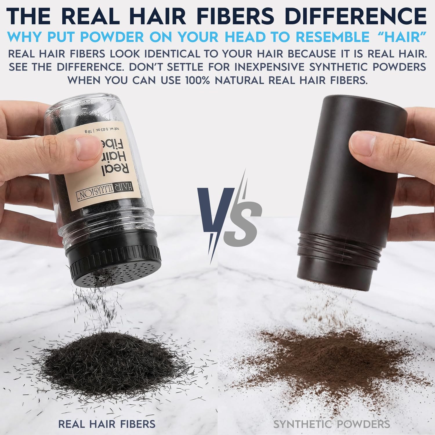 Aperçu avant/après: densité apparente avec Hair Illusion sur des cheveux noirs.