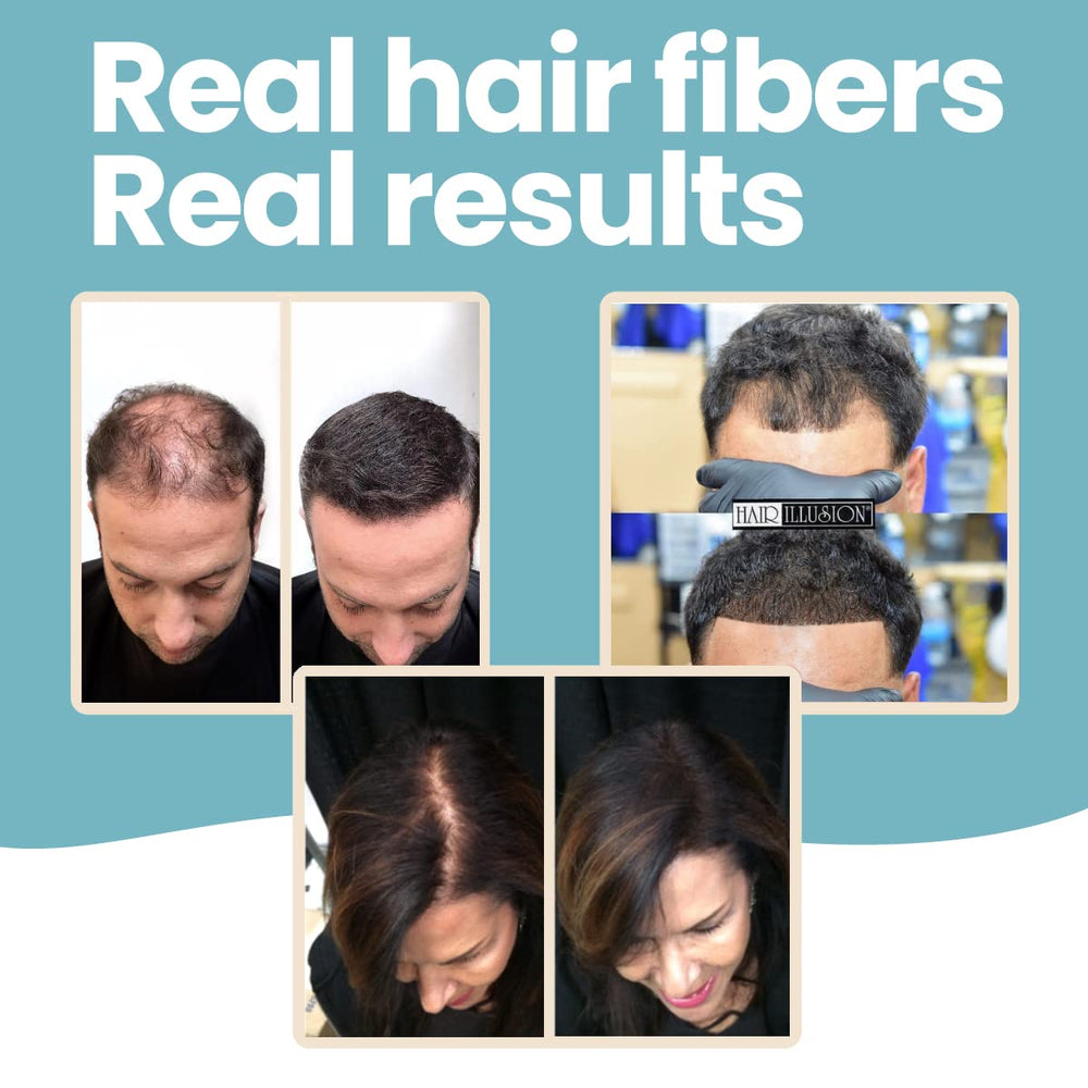 Hair Illusion dark brown fibers close-up texture shows natural blend.