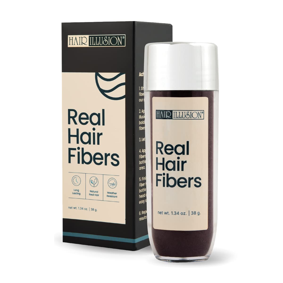 Hair Illusion fibras capilares reales marrón oscuro para un look más denso.