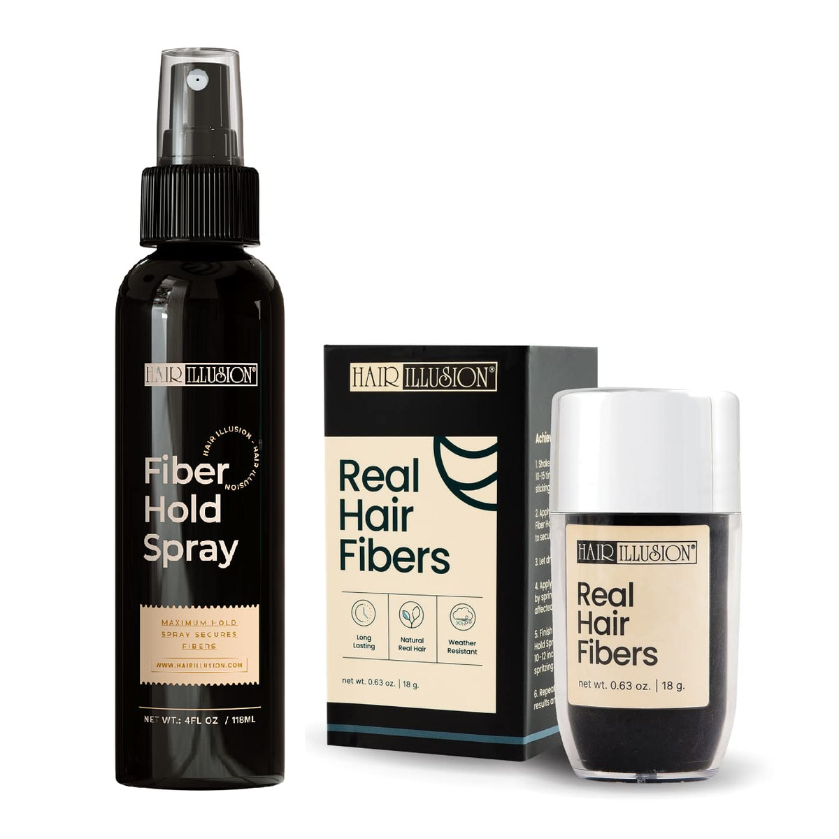 Hair Illusion con fibras reales negras para mayor volumen y apariencia natural.