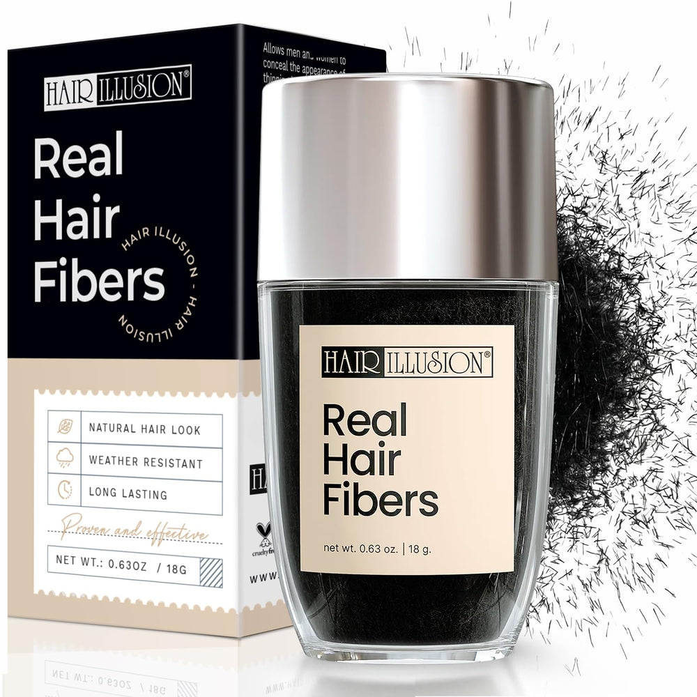 Hair Illusion fibres réelles cheveux noirs, renforçant l'apparence d'une chevelure dense.