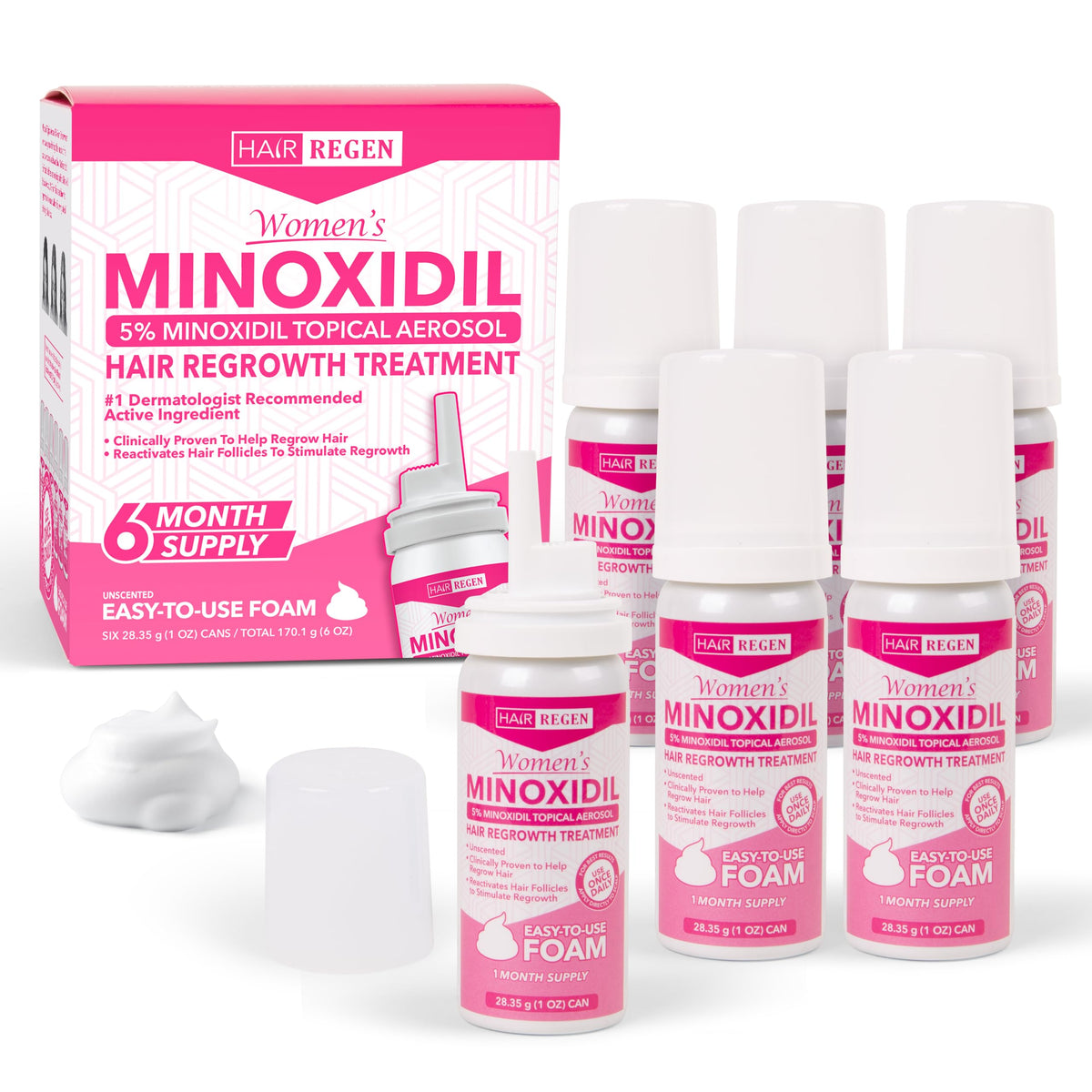 Hair Regen Minoxidil Foam for Women, six-pack front view supports daily hair care.