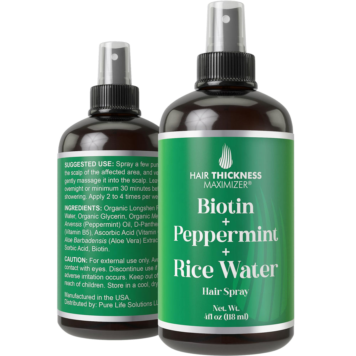 Hair Thickness Maximizer spray botella: apoyo a la salud capilar y aplicación precisa.