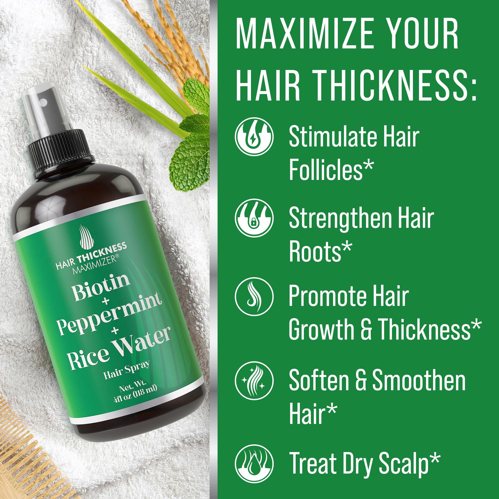 Hair Thickness Maximizer spray cabello crecimiento suave: nutre los folículos para un aspecto más pleno.
