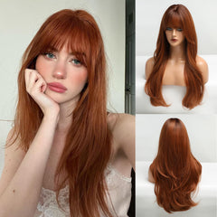 HAIRCUBE peluca auburno larga con flequillo rizado, aspecto natural para uso diario.