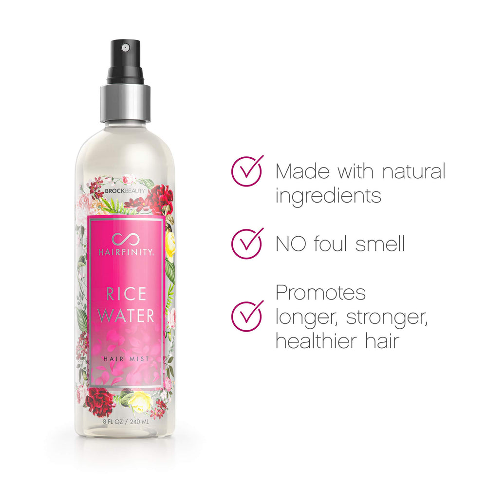 Hairfinity Rice Water Hair Mist, escena de aplicación, facilita peinado sin frizz diario.
