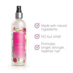 Hairfinity Rice Water Hair Mist, escena de aplicación, facilita peinado sin frizz diario.