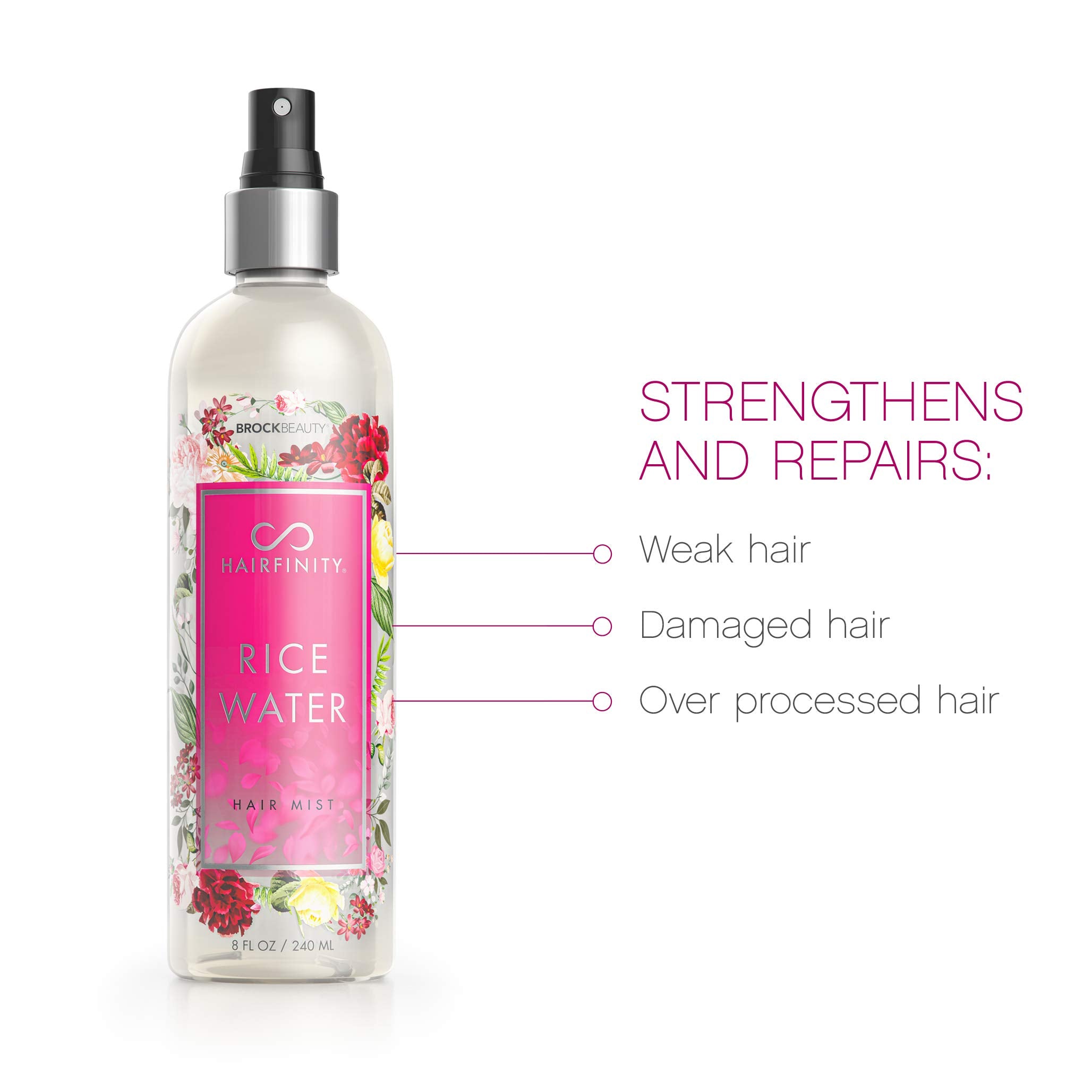 Hairfinity Rice Water Hair Mist, spray en uso, mejora elasticidad y brillo natural.