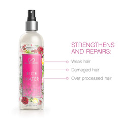 Hairfinity Rice Water Hair Mist, spray en uso, mejora elasticidad y brillo natural.