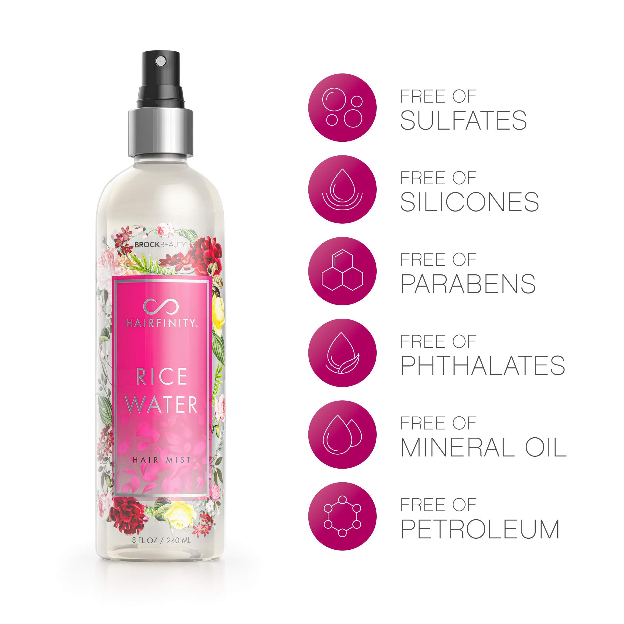 Hairfinity Rice Water Hair Mist, ingrediente de arroz destacado, favorece la elasticidad del cabello.