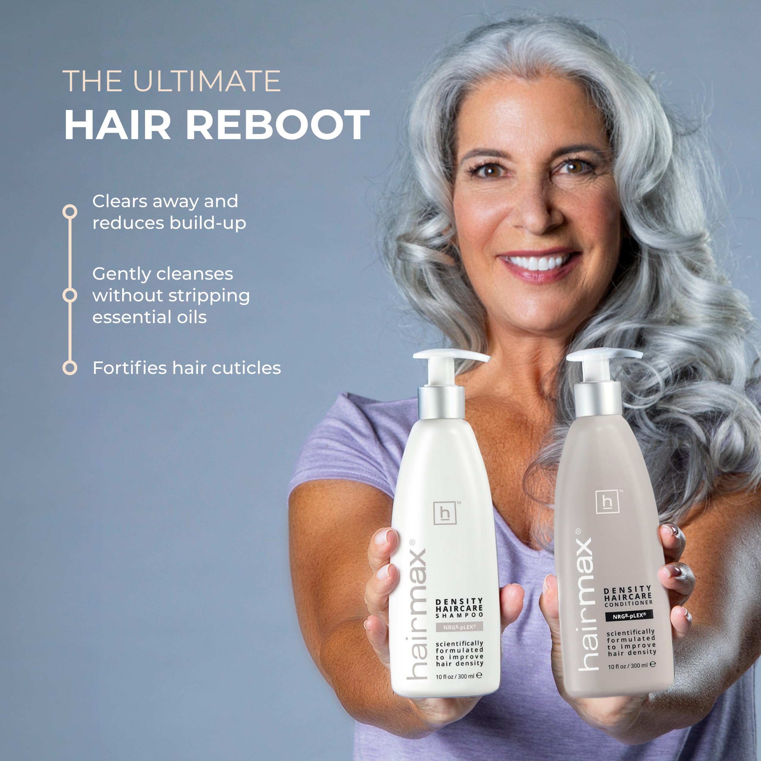Hairmax Density Acondicionador: escena de aplicación, suavidad y control del frizz.
