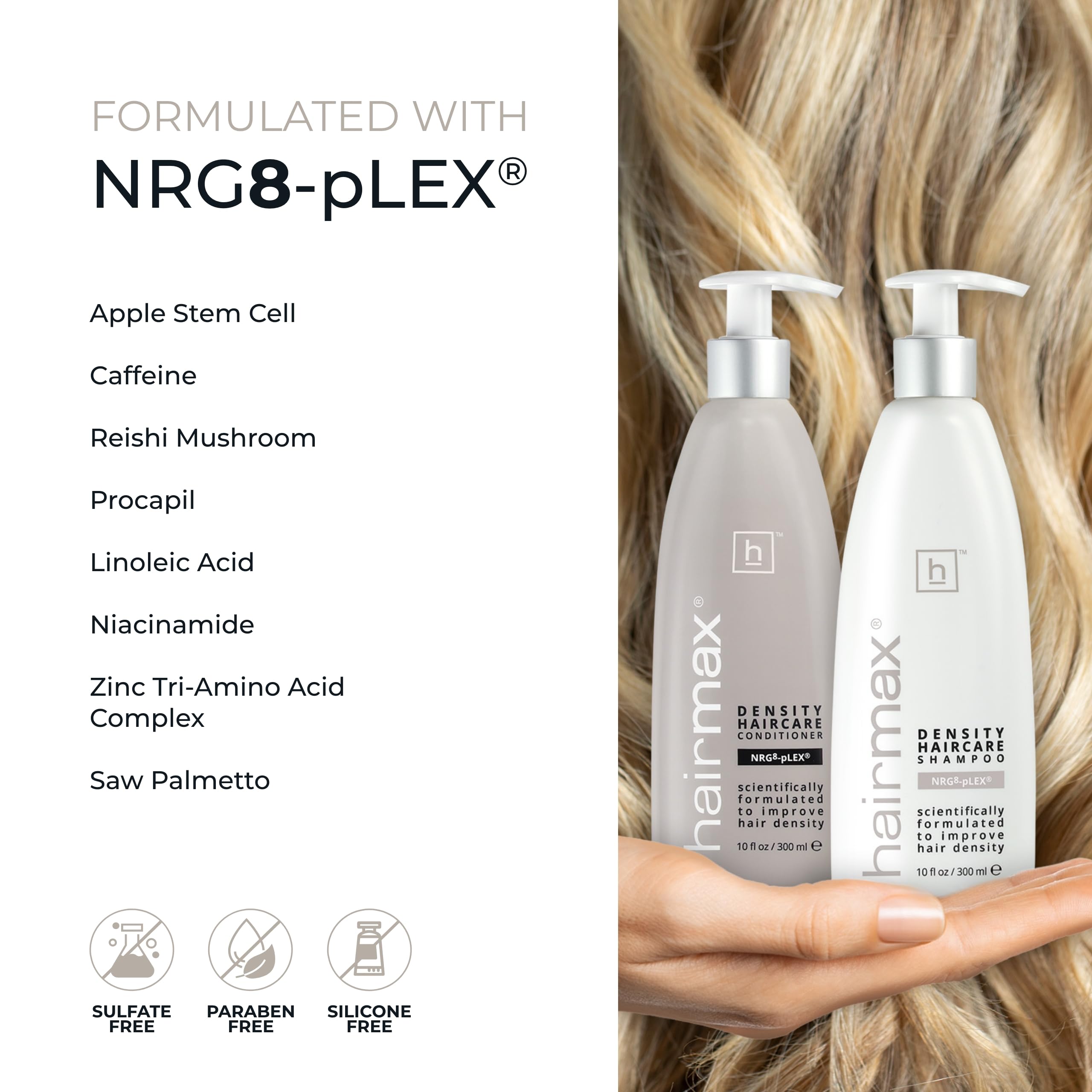 Hairmax Density Ingredientes Clave: cafeína para energía capilar y mejor peinado.