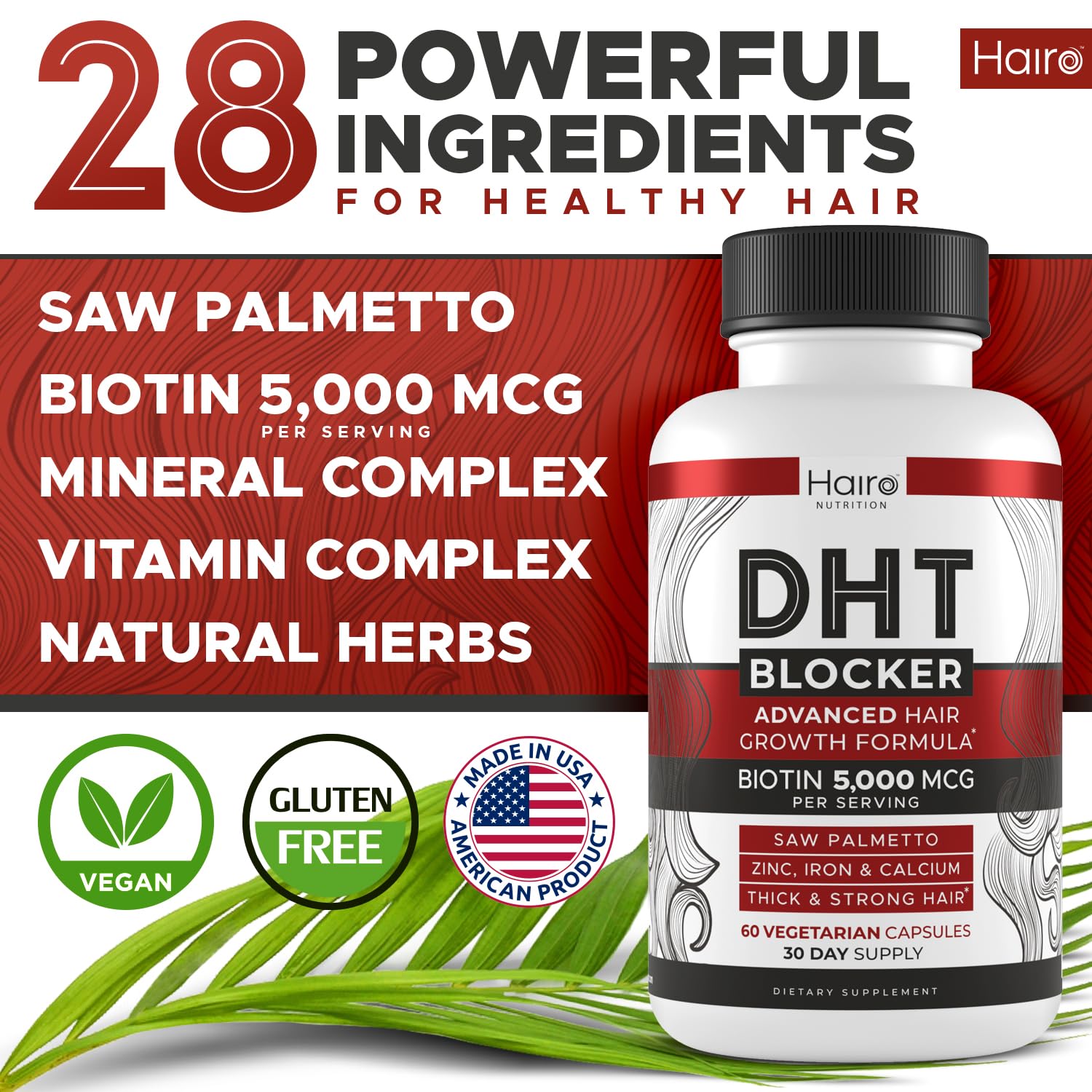 Hairo Nutrition capsules with saw palmetto for thinning hair support.