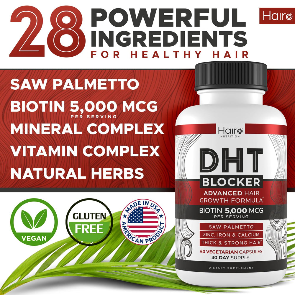 Hairo Nutrition capsules with saw palmetto for thinning hair support.