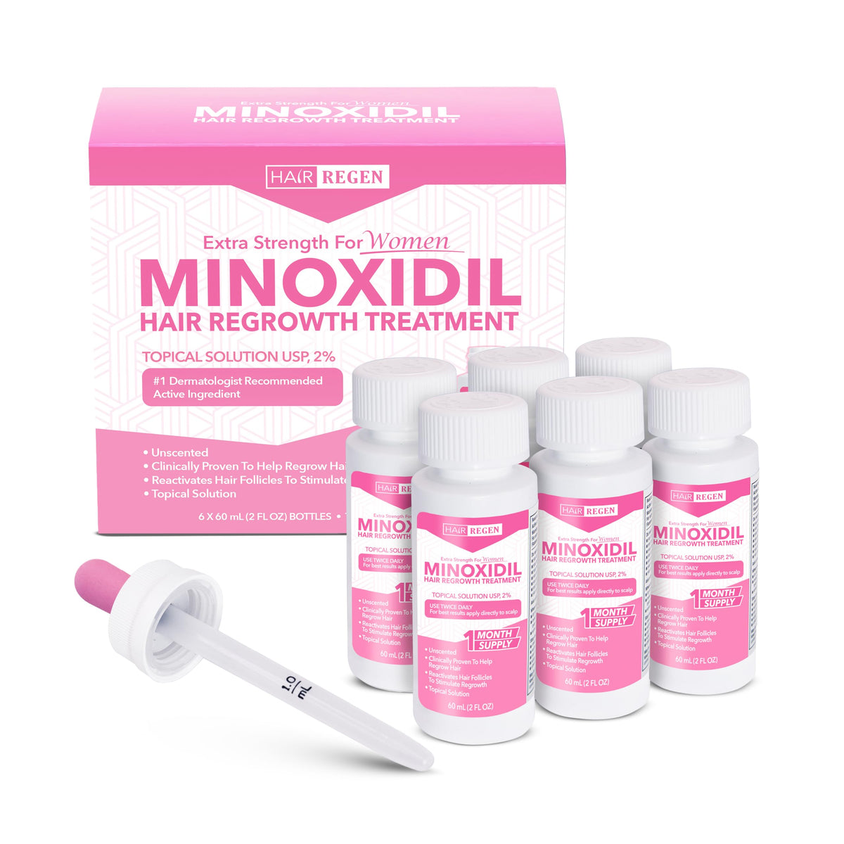 Hair Regen Minoxidil botella-serum para uso diario, apoyo al cabello.