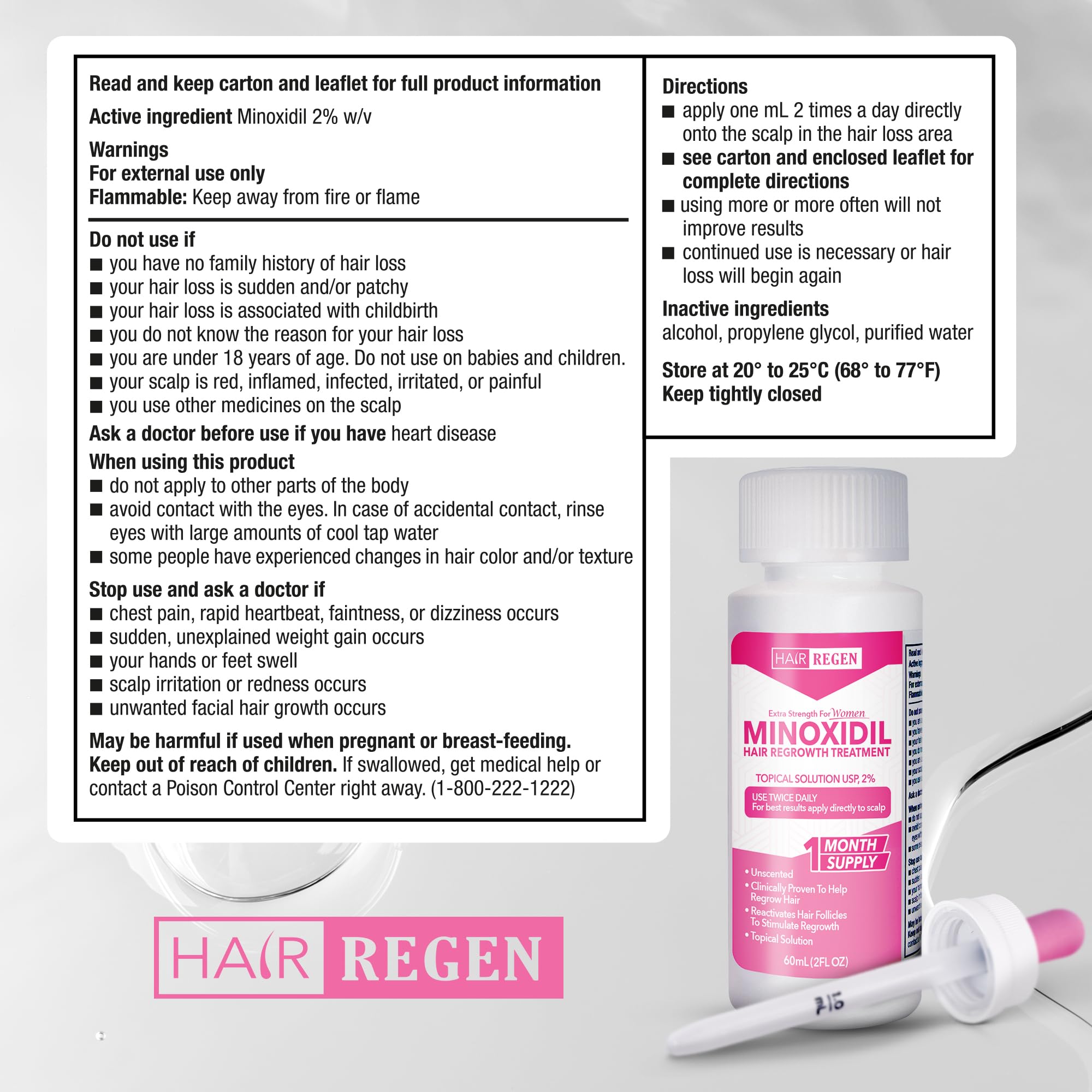 Hair Regen Minoxidil gotero de precisión para aplicación localizada en cuero cabelludo.