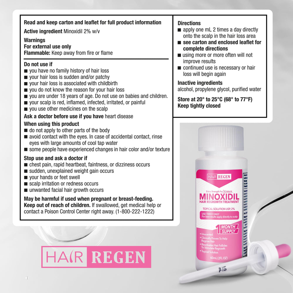 Hair Regen Minoxidil gotero de precisión para aplicación localizada en cuero cabelludo.