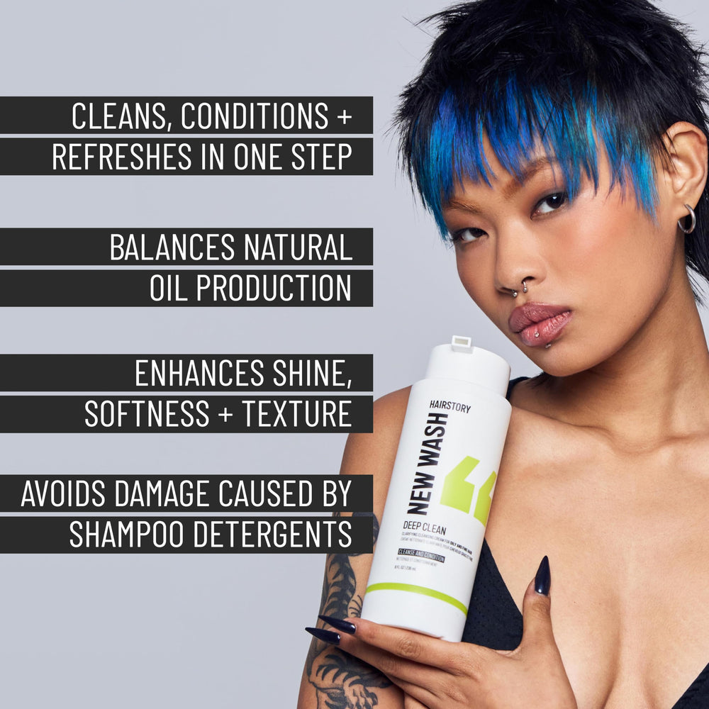Hairstory New Wash Deep Clean shown on scalp for soothing cleansing