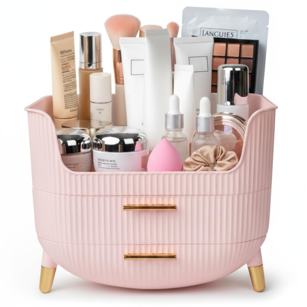 HALAFE Organizador de maquillaje con cajones rosados para mantener tus productos ordenados.
