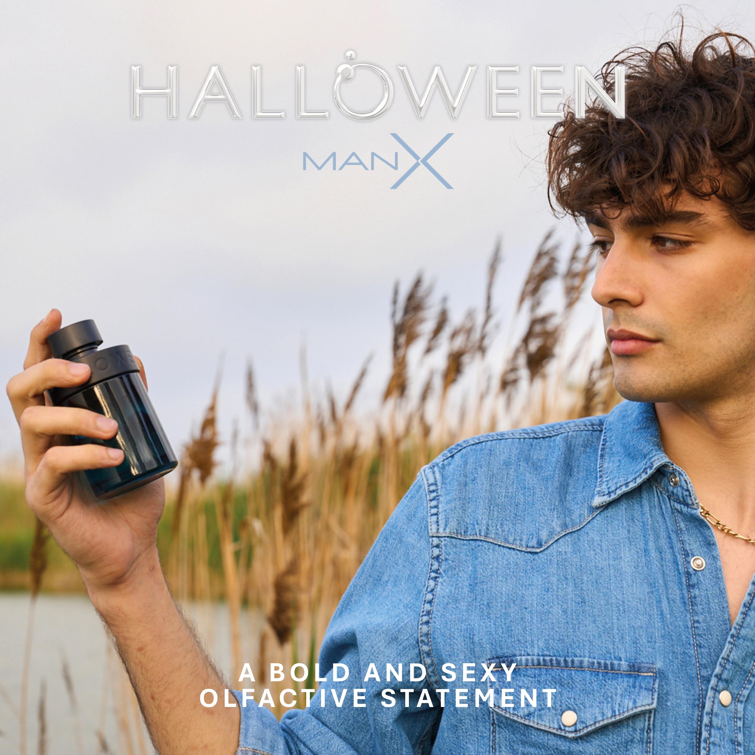 Halloween Man X: etiqueta que resalta la nota de canela para calidez masculina.