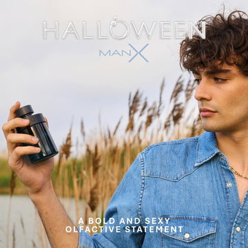 Halloween Man X: etiqueta que resalta la nota de canela para calidez masculina.