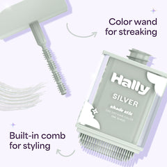 Hally Hair Shade Stix Silver con peine integrado para aplicación uniforme.