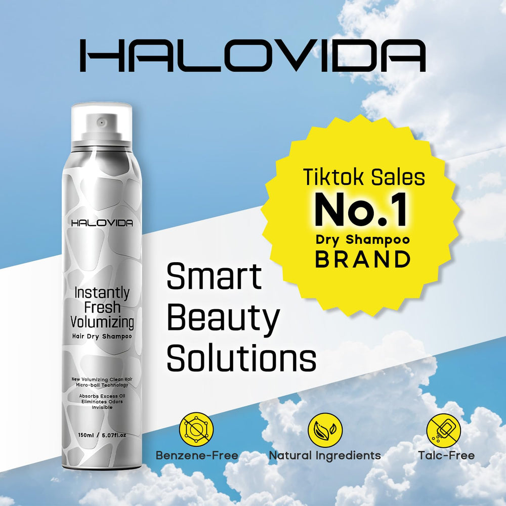 Envase moderno de HALOVIDA champú seco, diseño práctico para uso diario