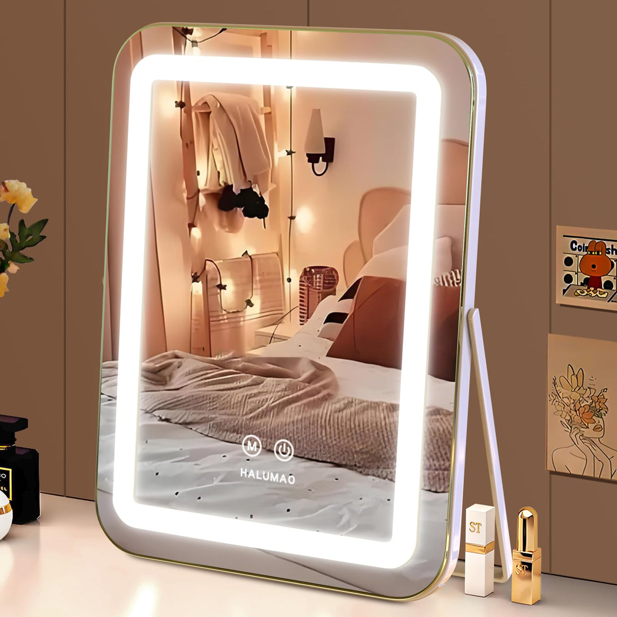 Halumao Espejo de maquillaje con luces, frente amplio para aplicación precisa.