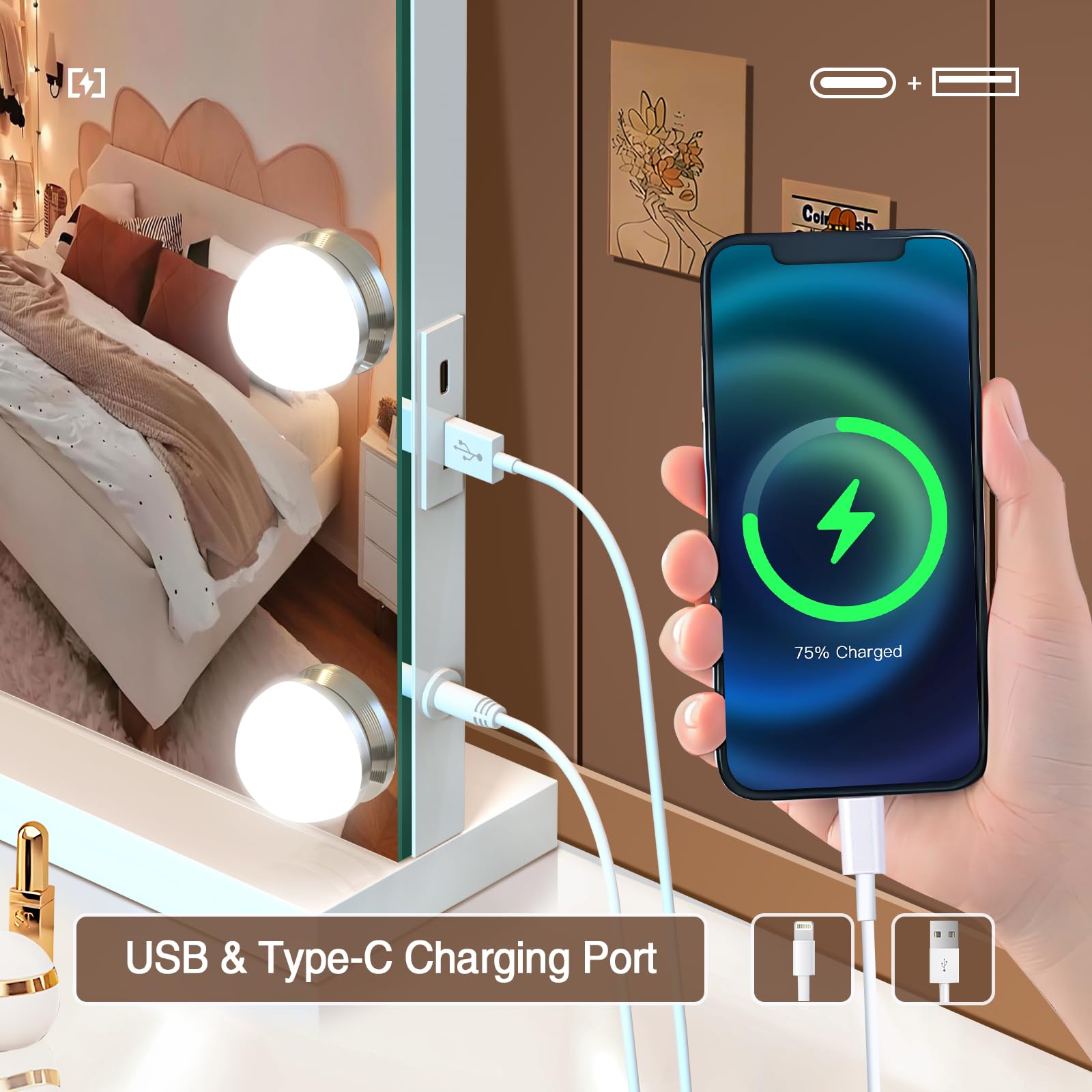 Halumao espejo con puerto USB para cargar dispositivos.