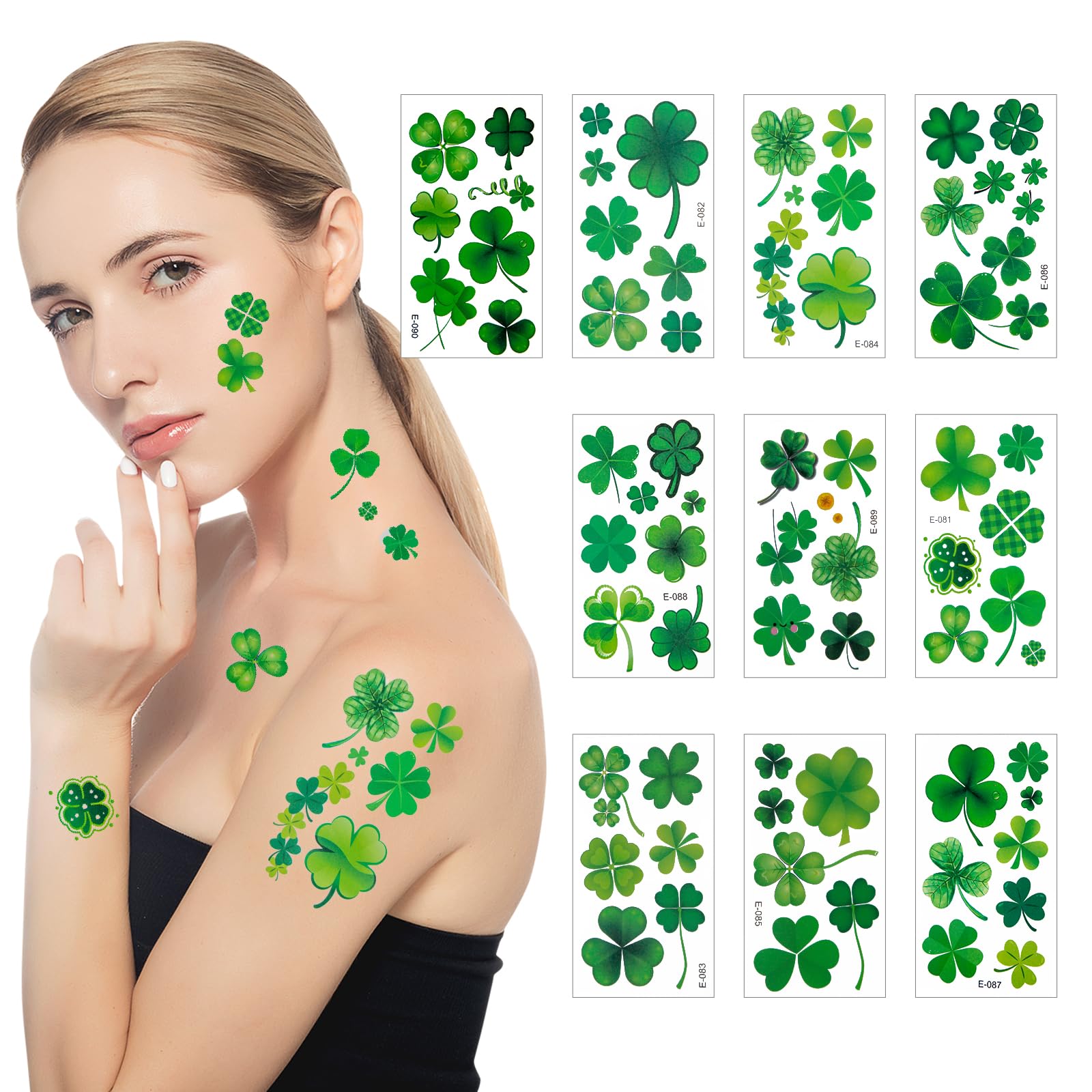 Tatuajes Hamiutci Día de San Patricio con tréboles brillantes para la fiesta.