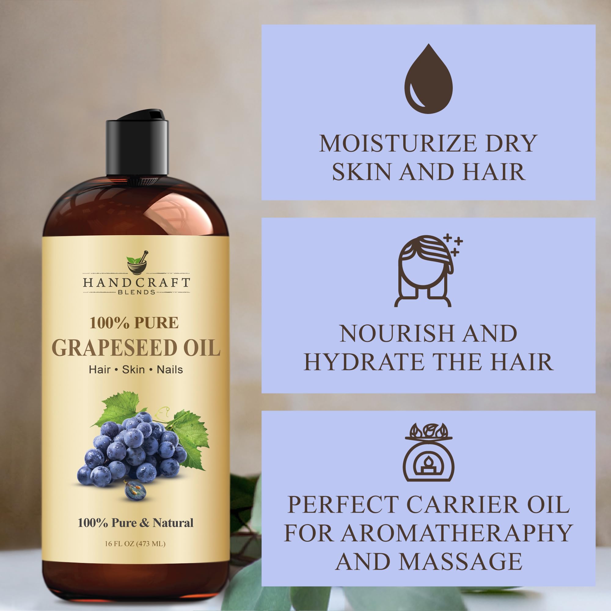 Handcraft Blends Aceite de uva, uso en piel para humectación suave.