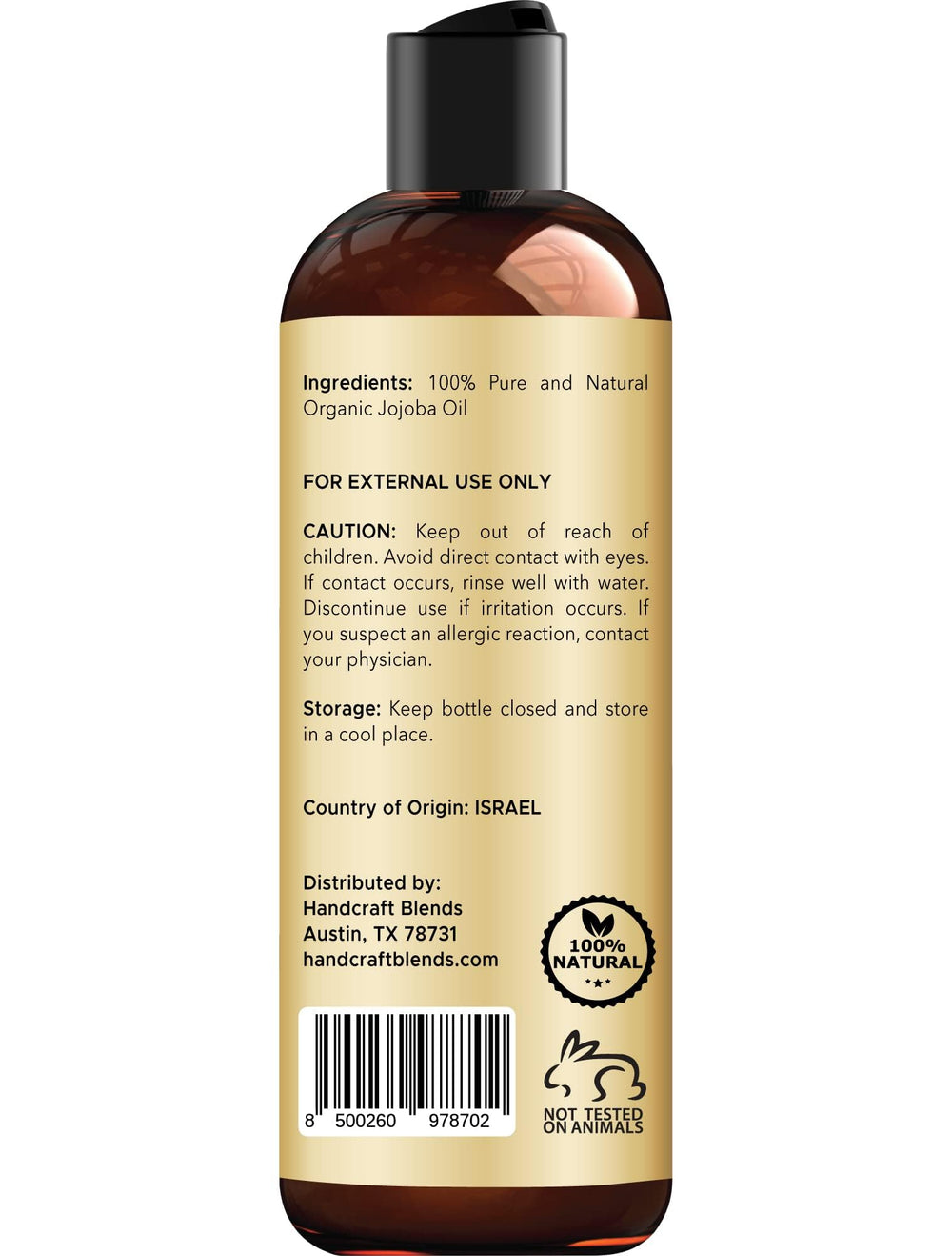Handcraft Blends Aceite de Jojoba, frasco cercano, absorción rápida sin sensación grasa.