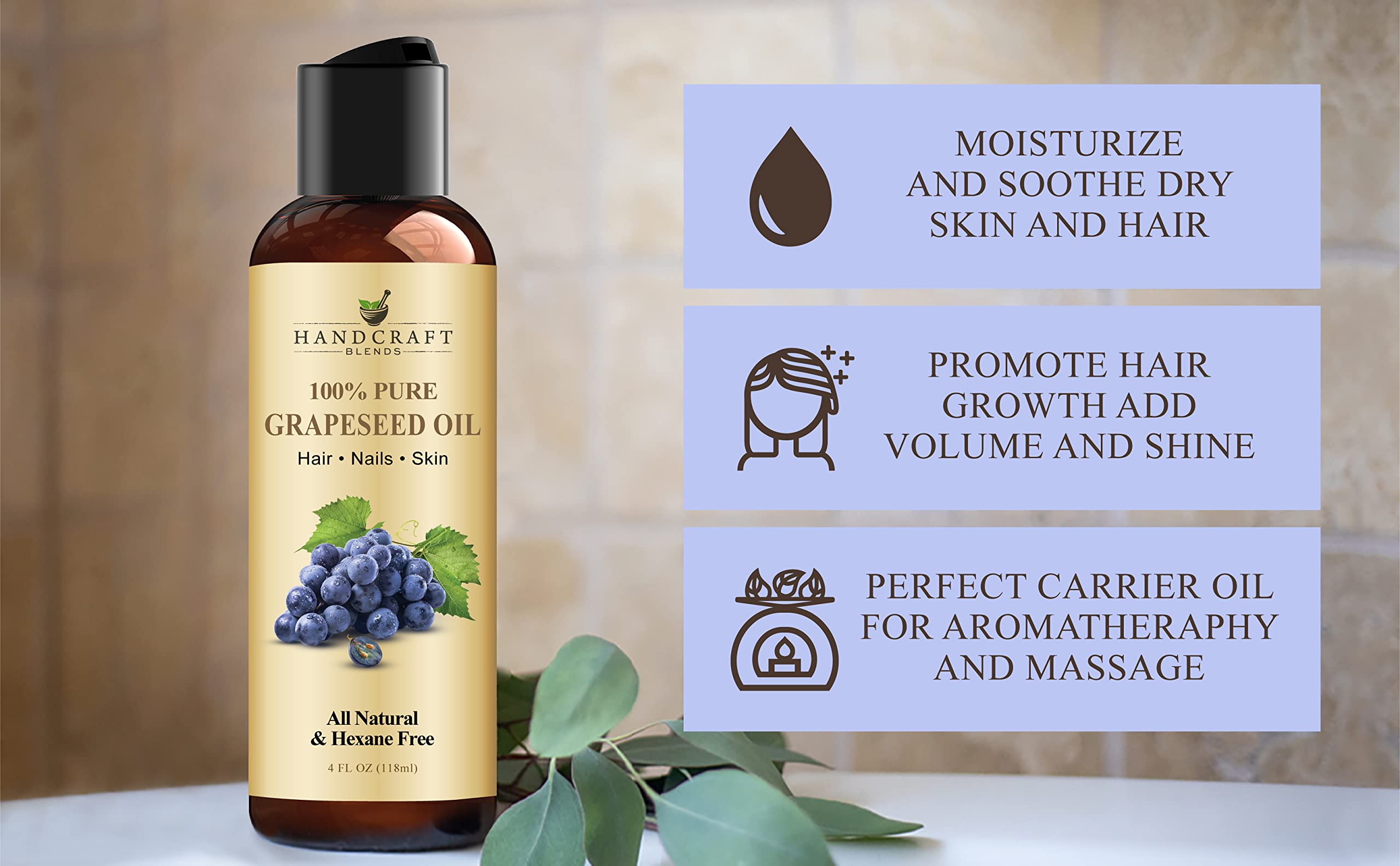 Handcraft Blends Aceite de uva nutritivo, vitamina para piel y cabello.