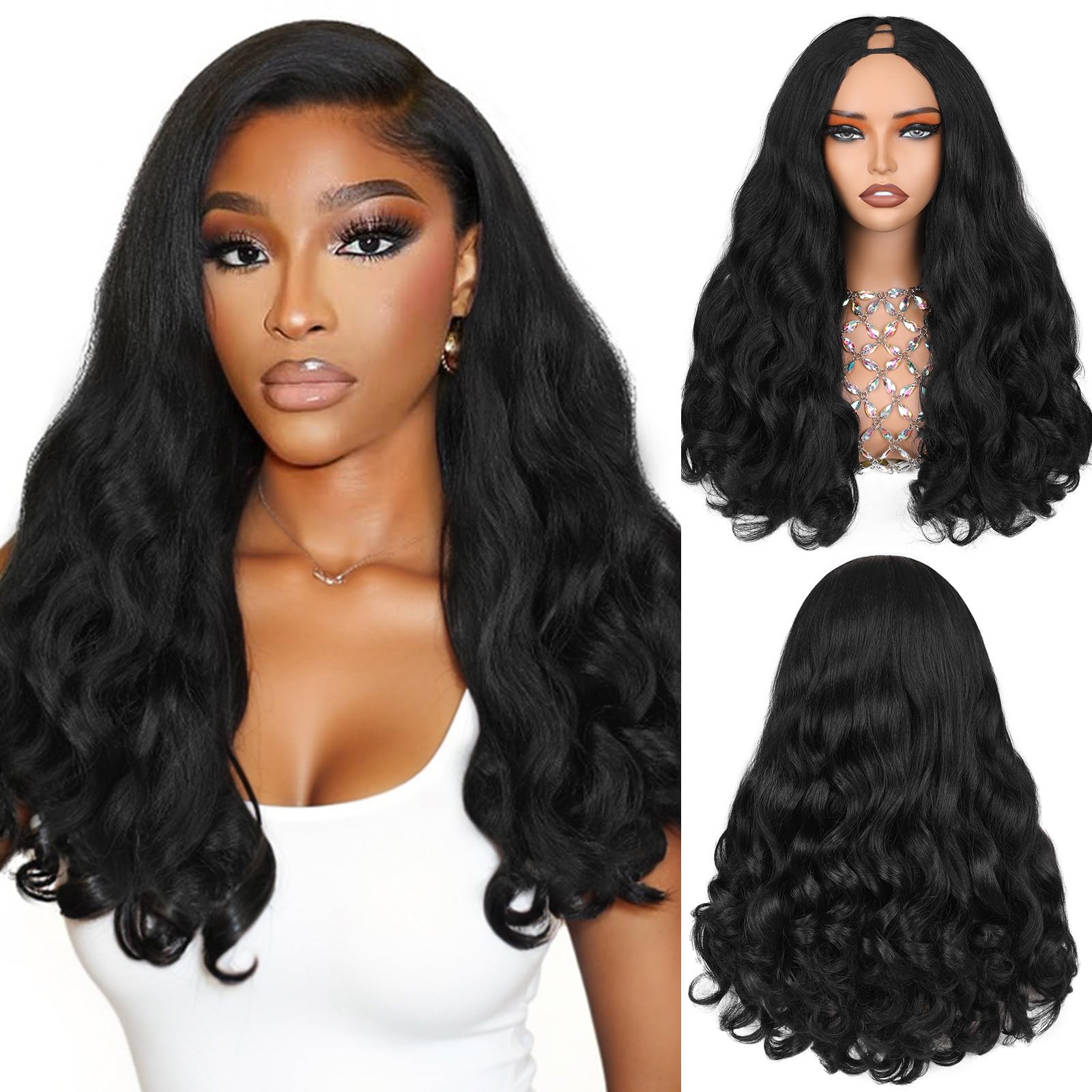 HANNE Yaki Curly V-Parte Peluca frente para look natural diario.