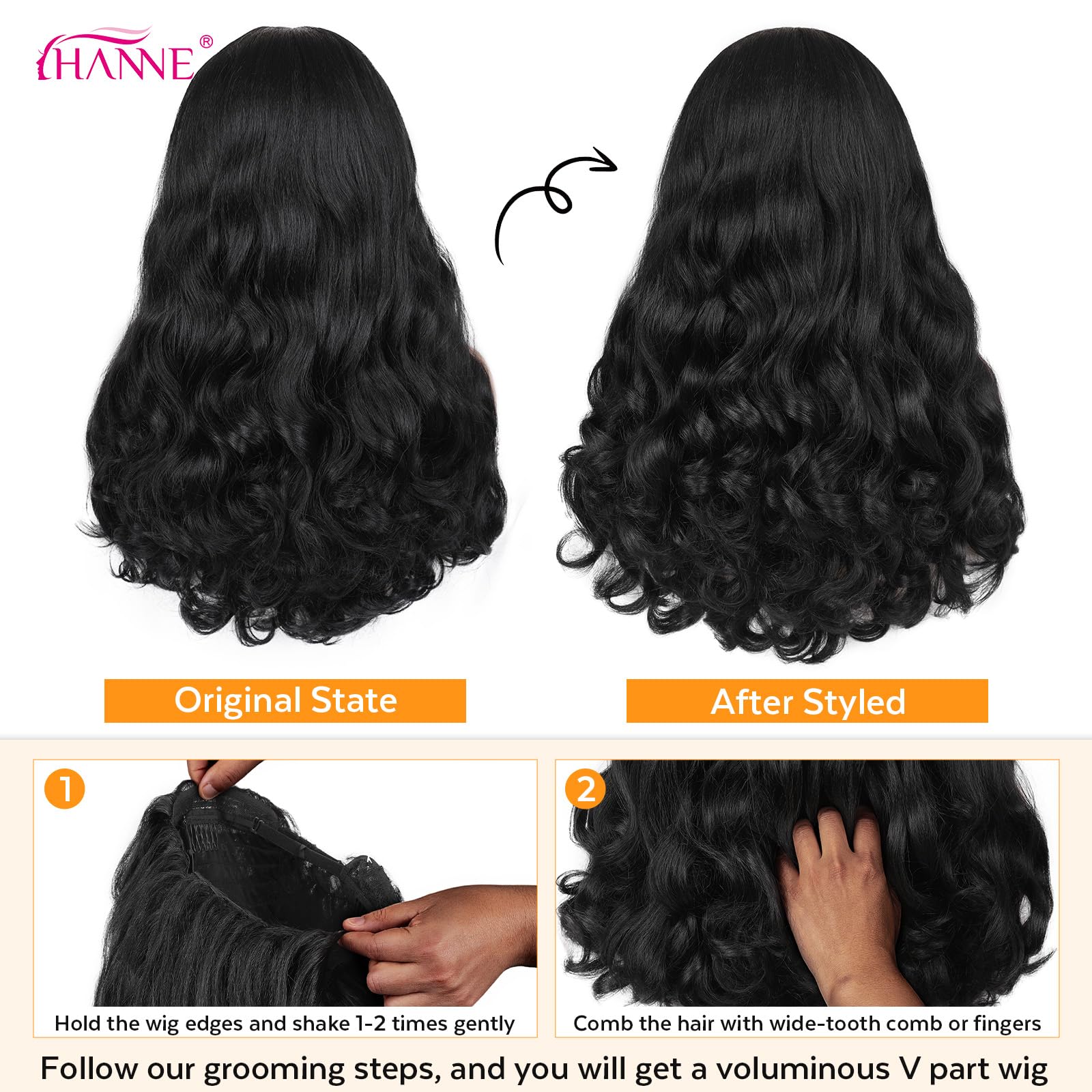 HANNE Yaki Curly V-Parte Peluca interior cómodo para uso prolongado.