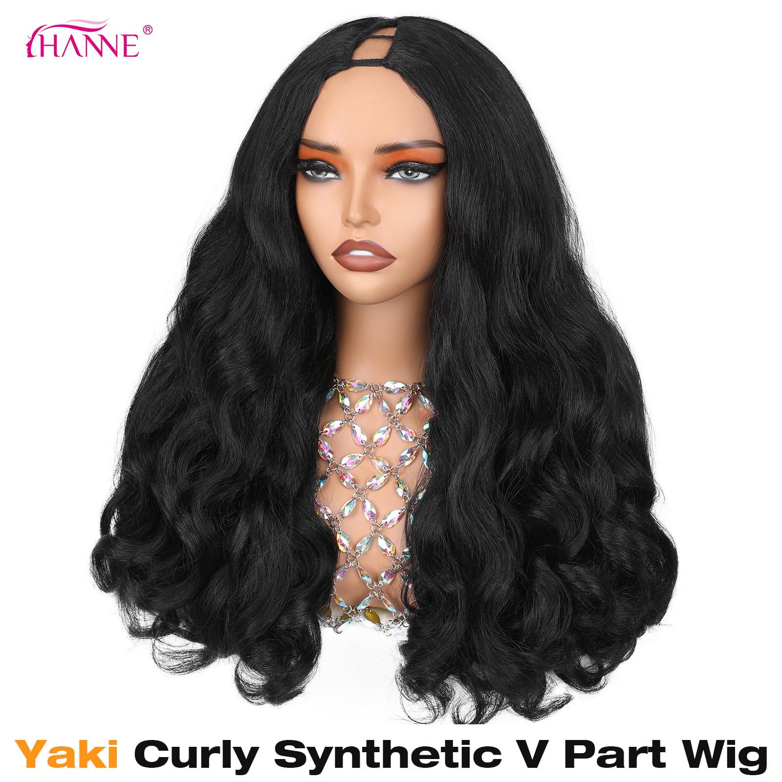 HANNE Yaki Curly V-Parte Peluca rizos definidos para eventos y diario.