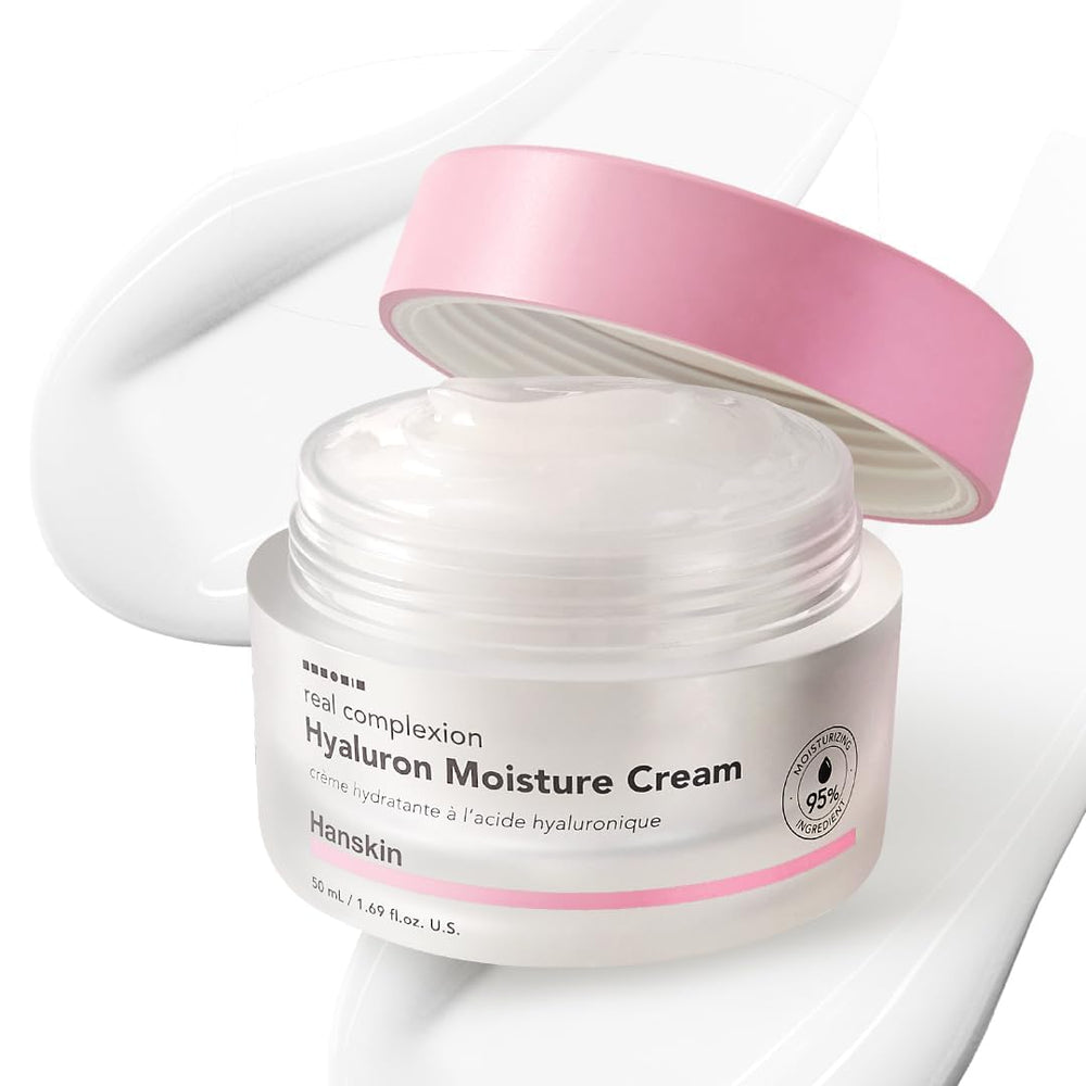 Hanskin Hyaluron Moisture Cream en botella de vidrio, hidratación profunda para piel seca