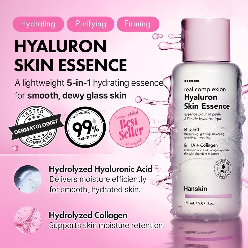 Hanskin Hyaluron Skin Essence Toner, aplicación suave que suaviza y refresca la piel.